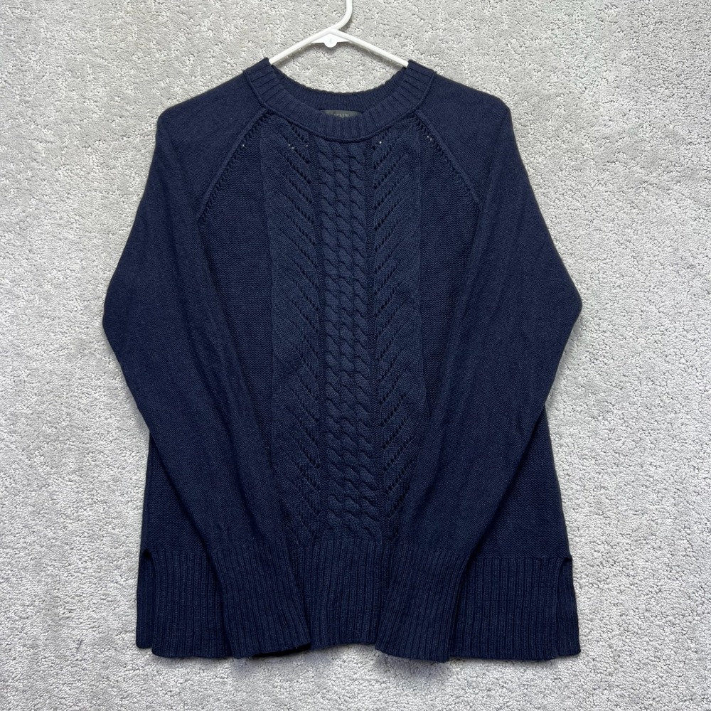 J.Crew Sweater Womens Medium Navy Blue 100% Wool Cable Knit Pointelle Raglan